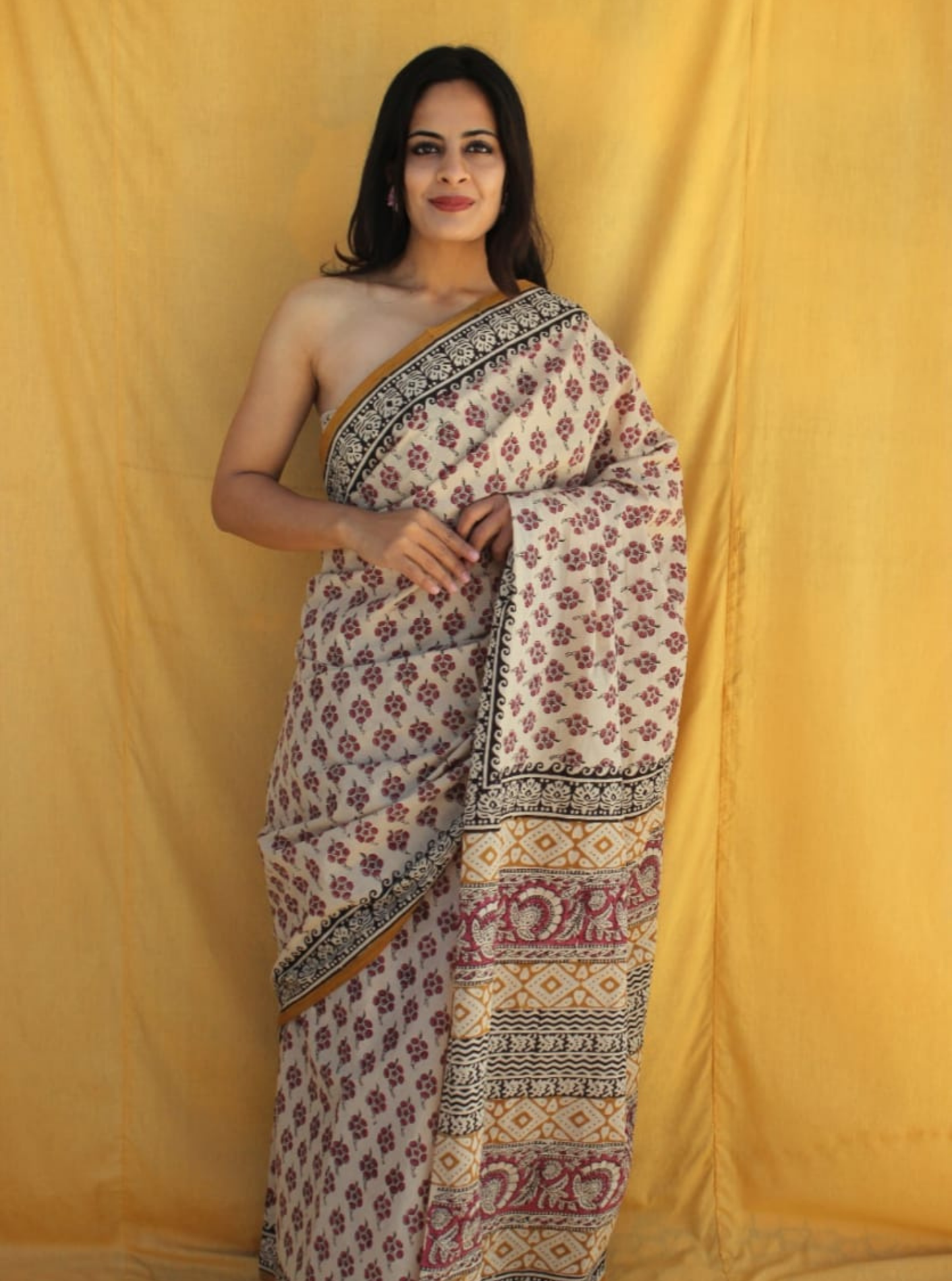 Elegant Beige Cotton Saree with Floral Motifs & Traditional Printed Pallu