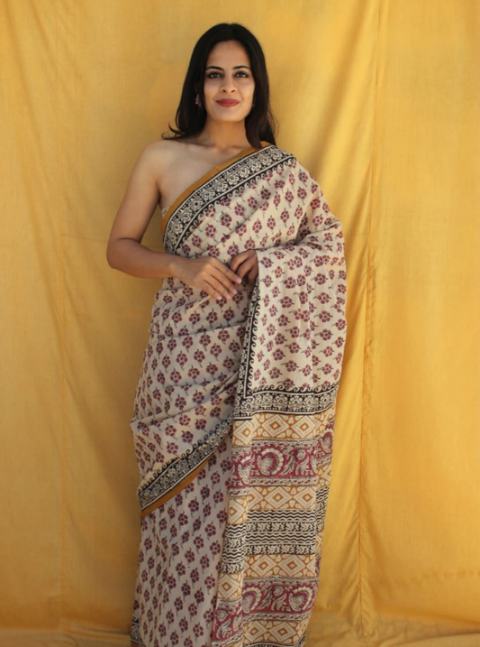 Elegant Beige Cotton Saree with Floral Motifs & Traditional Printed Pallu