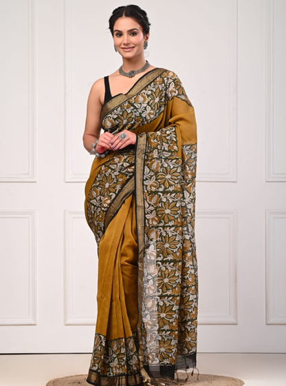 Mustard Maheshwari Silk Saree with Floral Woven Border & Elegant Pallu