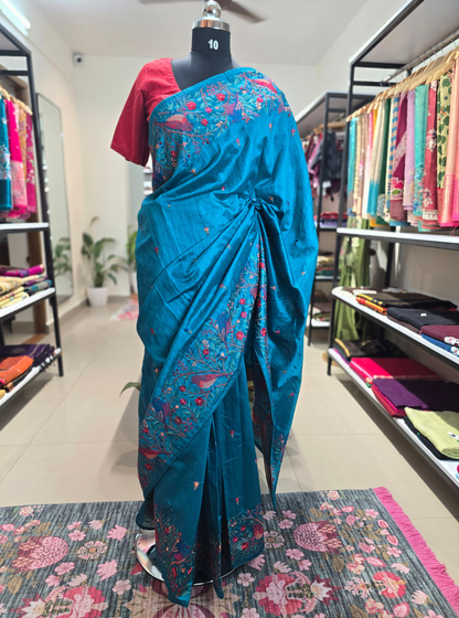 Teal Blue Tussar Silk Saree with Floral Embroidery