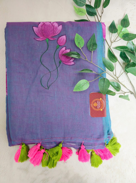 Lavender Blue Mul Cotton Saree with Lotus Hand Embroidery & Tassels