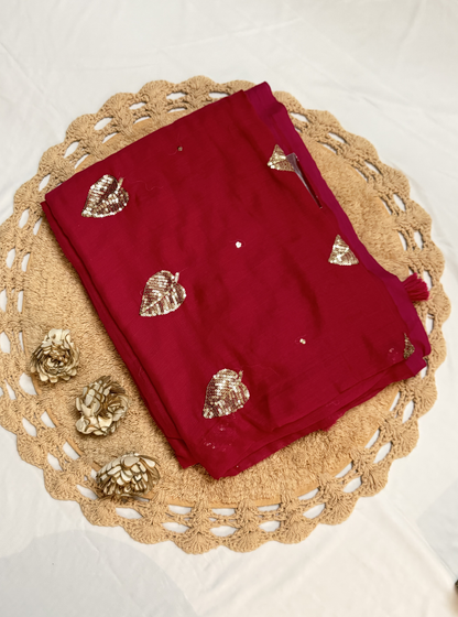 Crimson Red Mul Cotton Saree with Sequin Leaf Motifs & Tassels