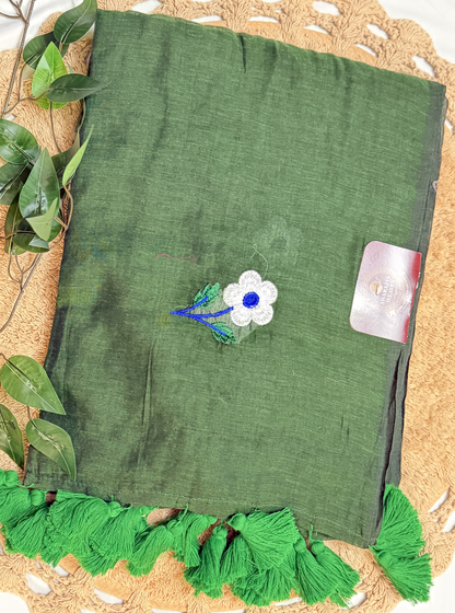Forest Green Mul Cotton Saree with Floral Embroidery & Tassels