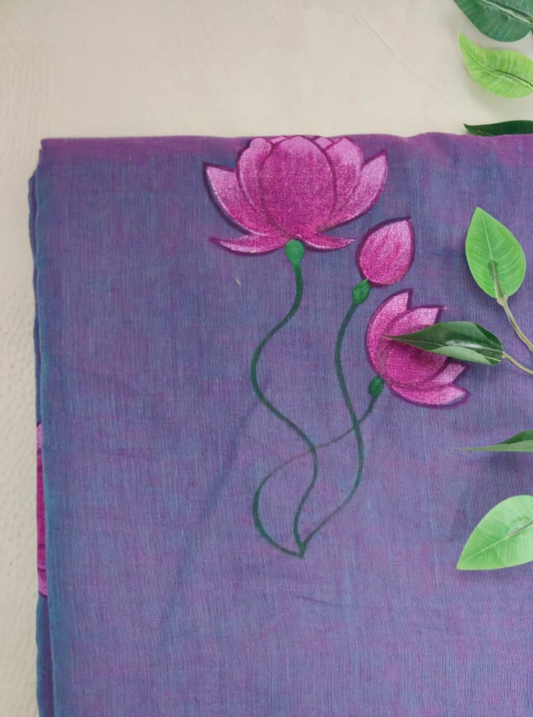 Lavender Blue Mul Cotton Saree with Lotus Hand Embroidery & Tassels