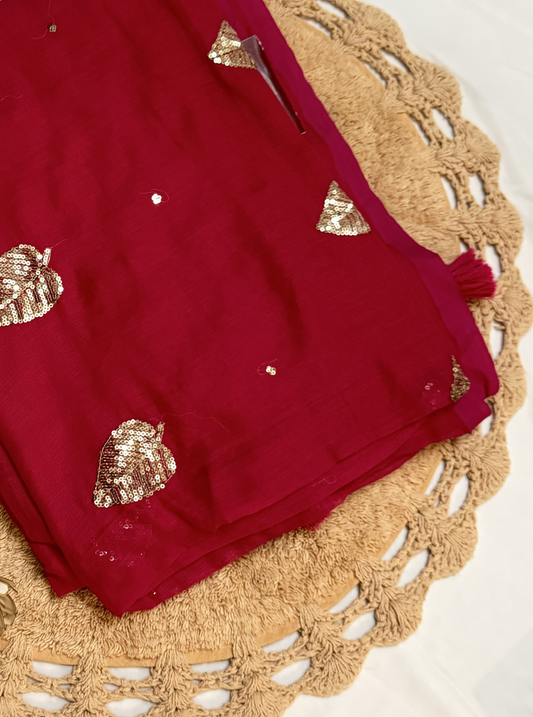 Crimson Red Mul Cotton Saree with Sequin Leaf Motifs & Tassels