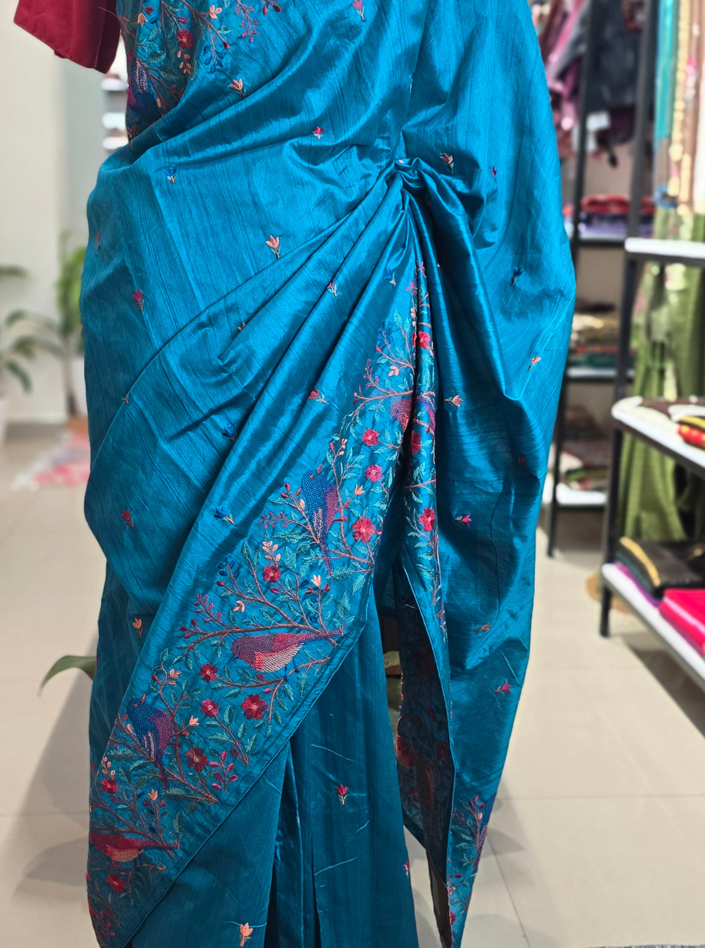 Teal Blue Tussar Silk Saree with Floral Embroidery