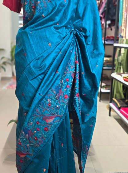 Teal Blue Tussar Silk Saree with Floral Embroidery