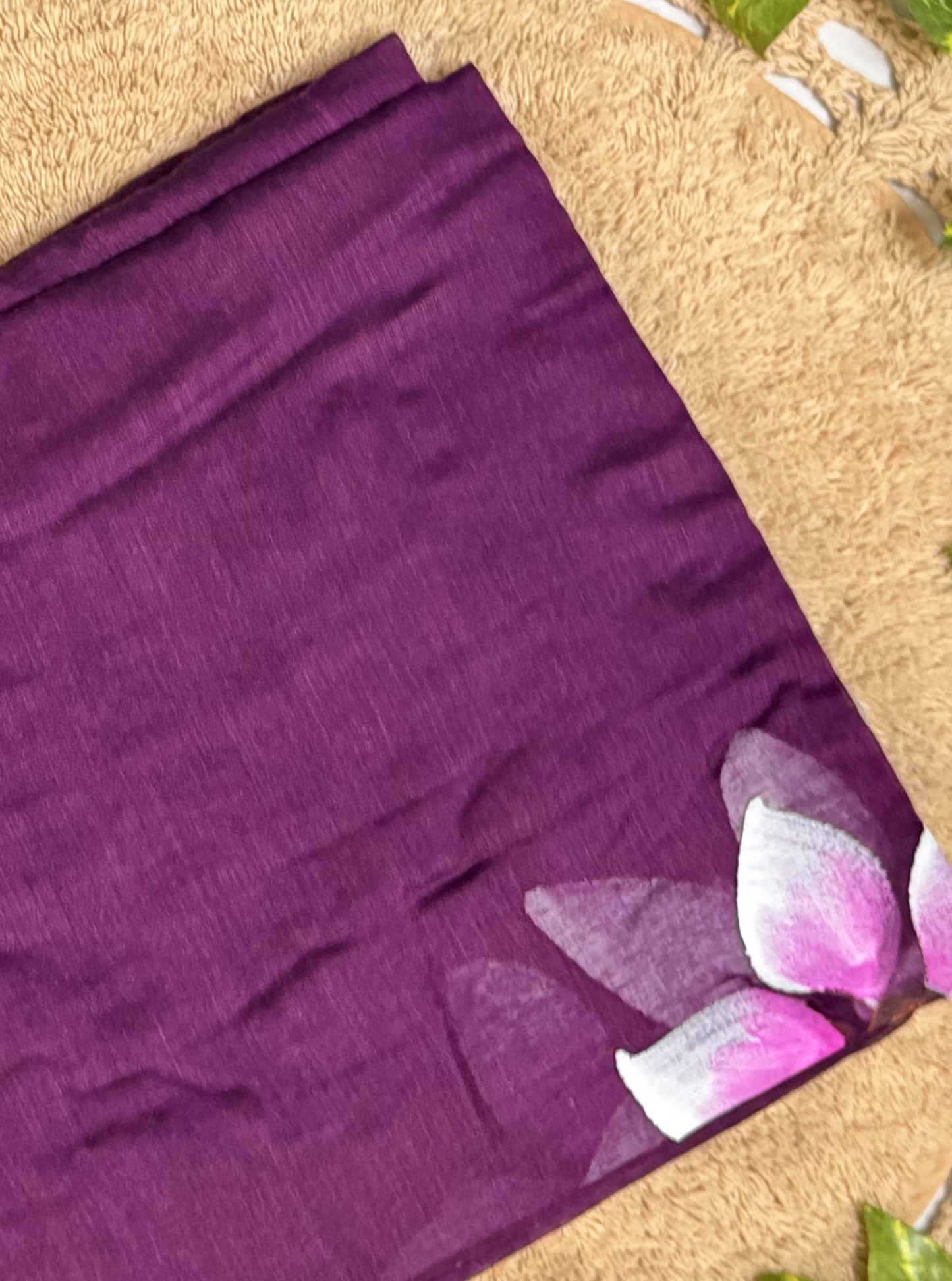 Purple Mul Cotton Saree with Hand-Painted Floral Accent & Contrast Tassels