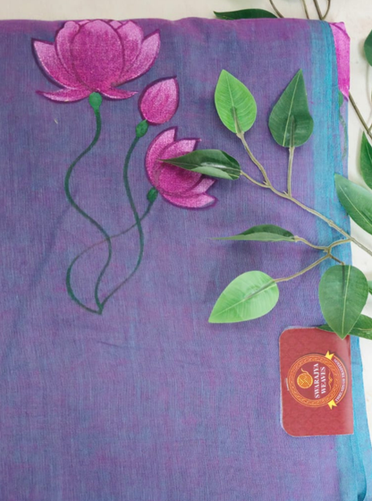 Lavender Blue Mul Cotton Saree with Lotus Hand Embroidery & Tassels