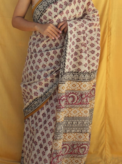 Elegant Beige Cotton Saree with Floral Motifs & Traditional Printed Pallu