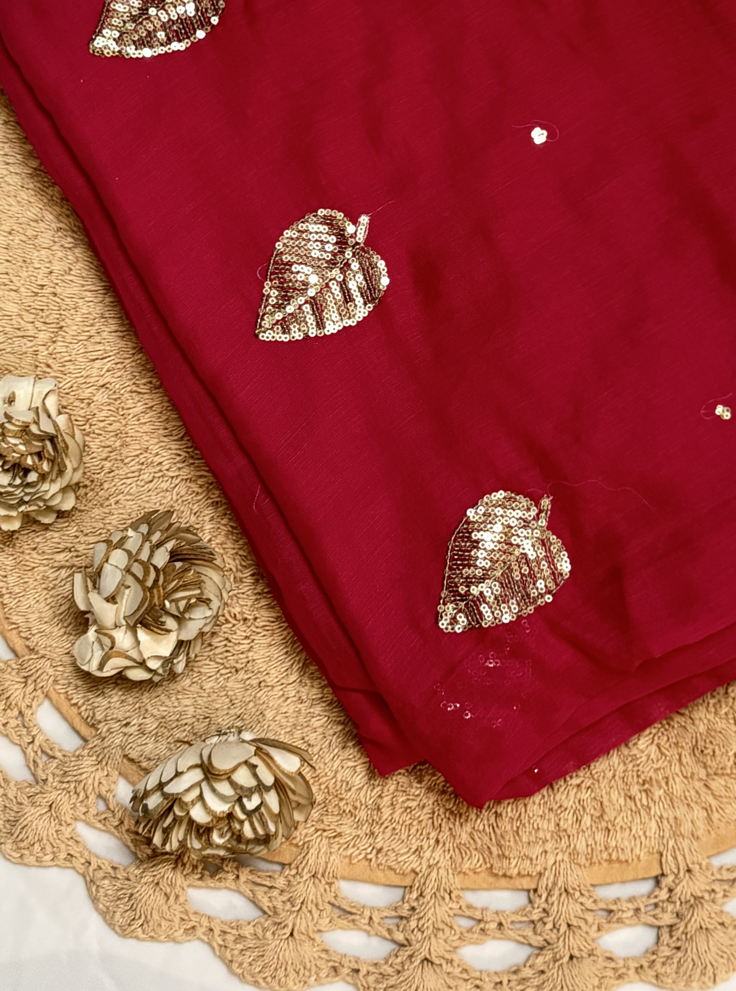 Crimson Red Mul Cotton Saree with Sequin Leaf Motifs & Tassels