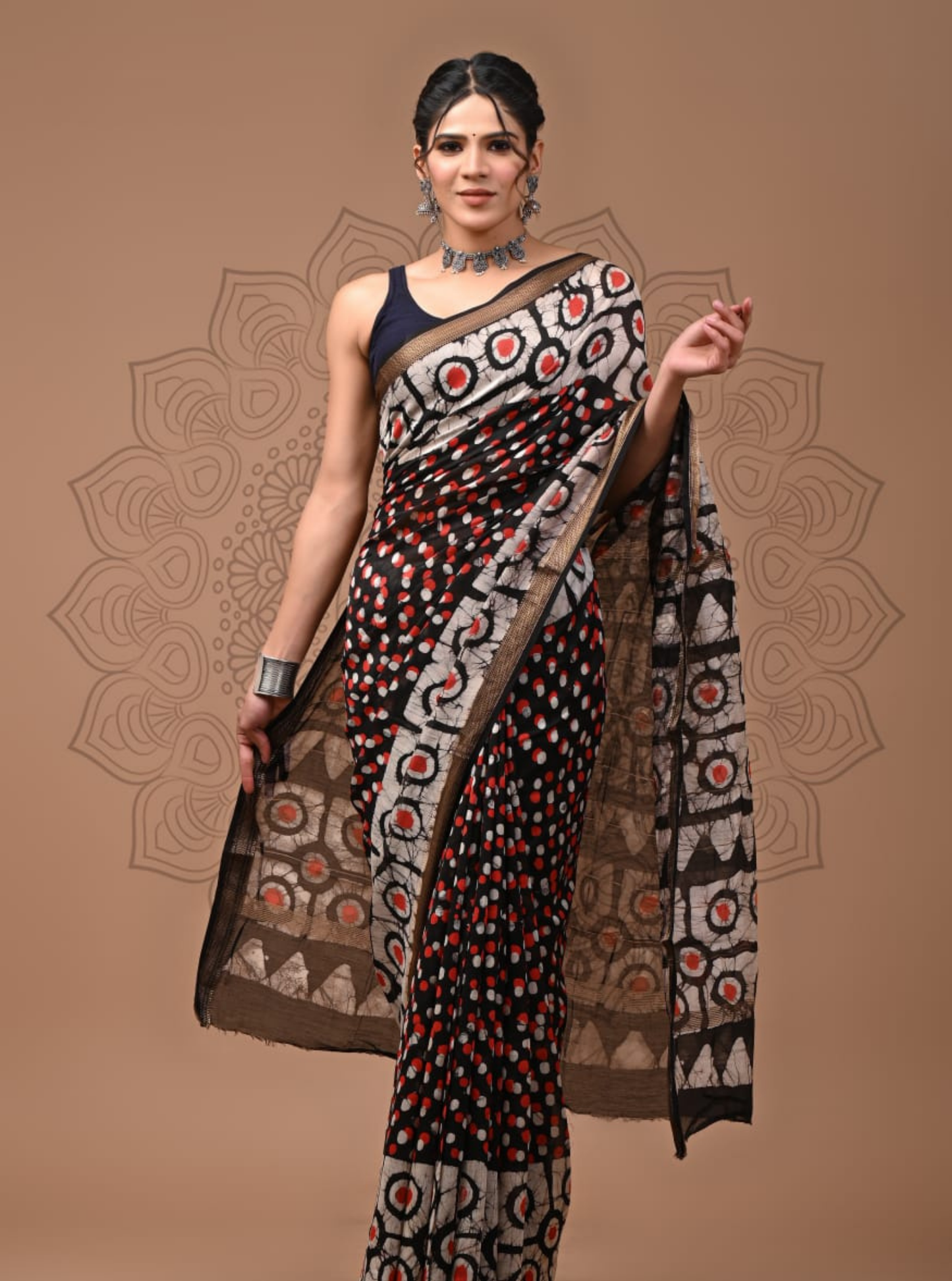 Black Maheshwari Silk Saree with Contemporary Polka & Circular Motifs