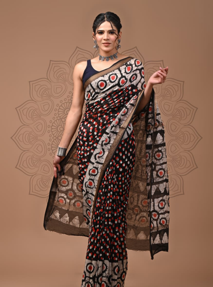 Black Maheshwari Silk Saree with Contemporary Polka & Circular Motifs