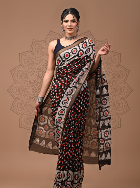 Black Maheshwari Silk Saree with Contemporary Polka & Circular Motifs