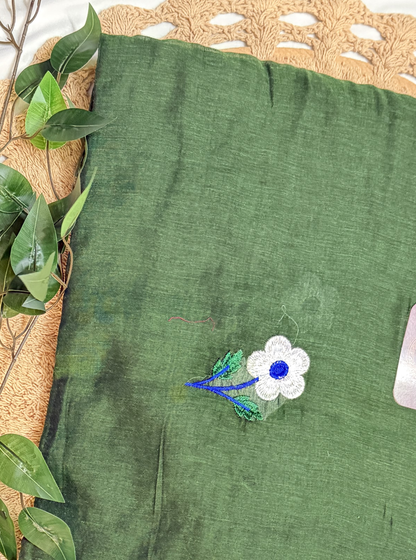 Forest Green Mul Cotton Saree with Floral Embroidery & Tassels