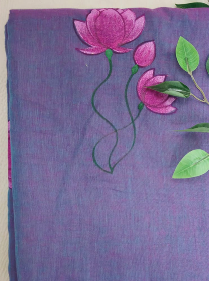 Lavender Blue Mul Cotton Saree with Lotus Hand Embroidery & Tassels
