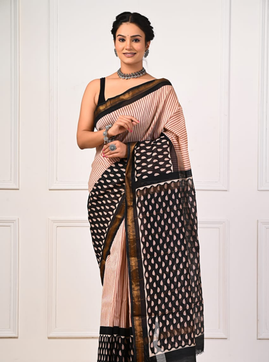 Beige & Black Maheshwari Silk Saree with Stripes & Buta Print Pallu