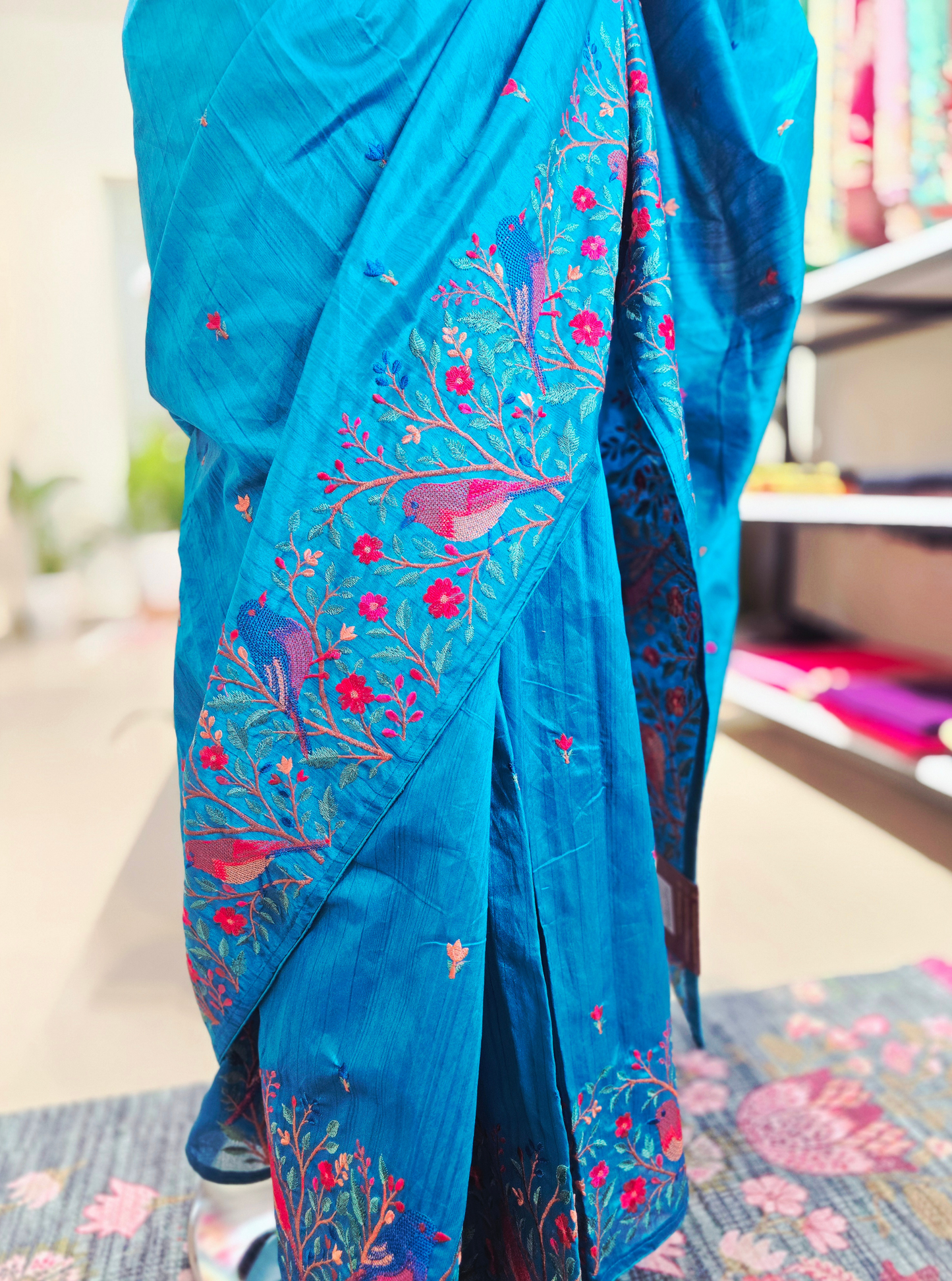 Teal Blue Tussar Silk Saree with Floral Embroidery