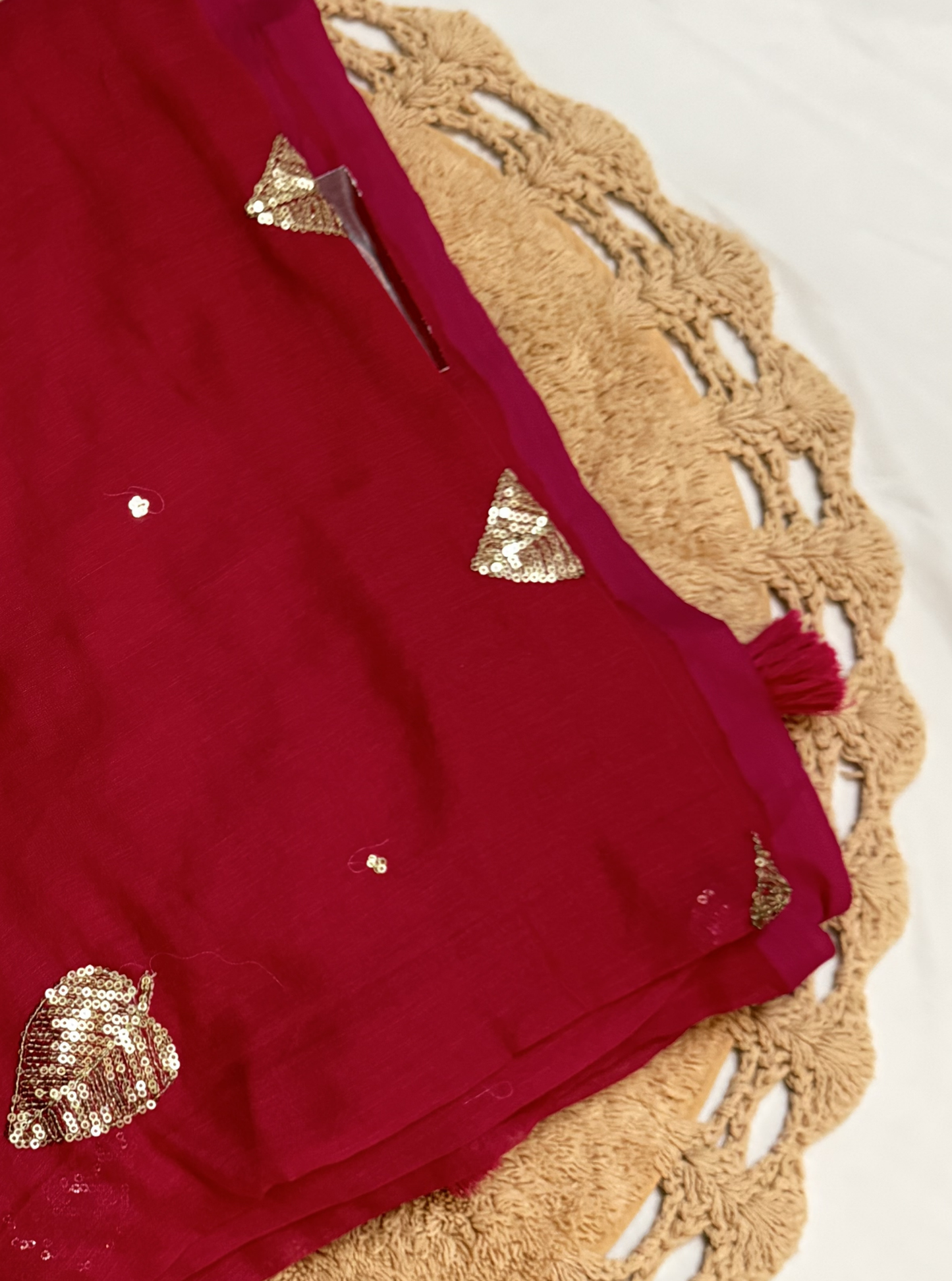 Crimson Red Mul Cotton Saree with Sequin Leaf Motifs & Tassels