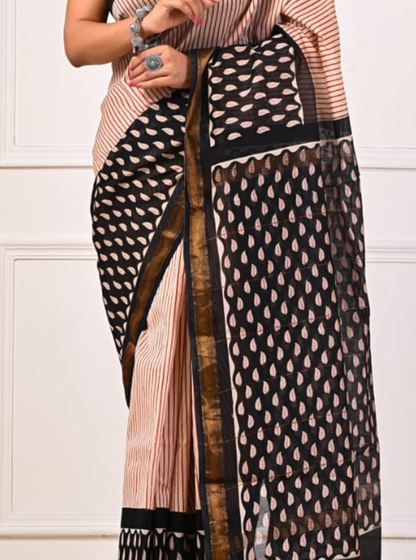 Beige & Black Maheshwari Silk Saree with Stripes & Buta Print Pallu
