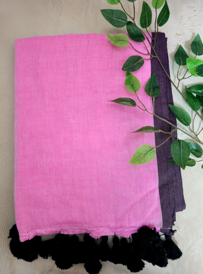 Blush Pink Mul Cotton Saree with Black Tassel Border