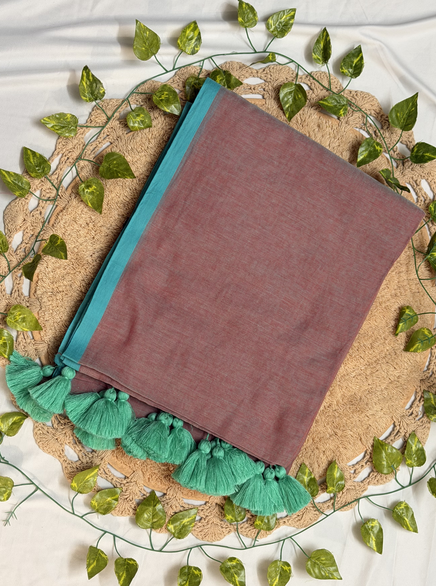 Dusty Rose Mul Cotton Saree with Teal Border & Contrast Tassels