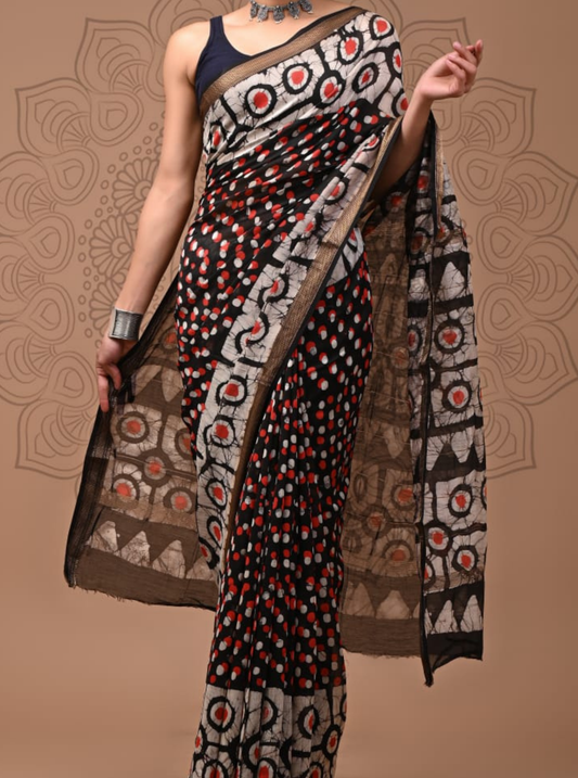 Black Maheshwari Silk Saree with Contemporary Polka & Circular Motifs