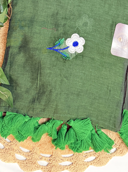 Forest Green Mul Cotton Saree with Floral Embroidery & Tassels