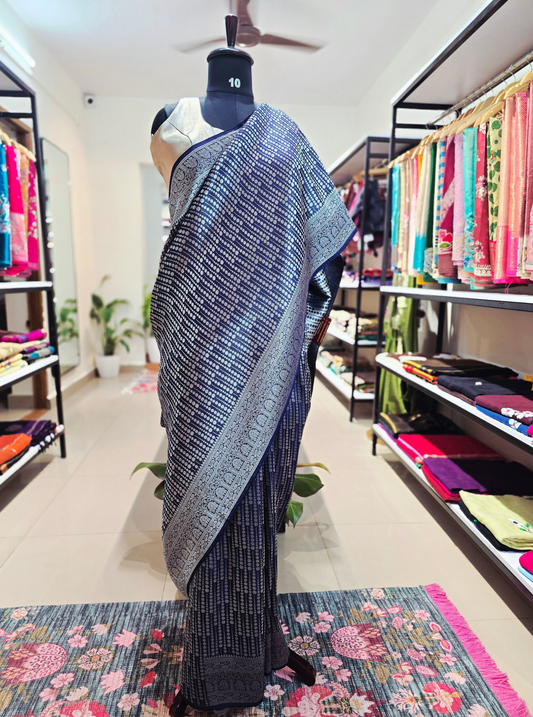 Navy Blue Georgette Tissue Saree with Silver Woven Design