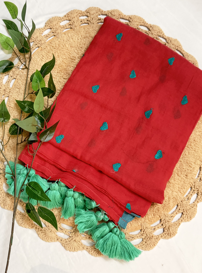 Crimson Red Mul Cotton Saree with Green Heart Motifs & Tassels