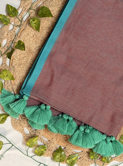 Dusty Rose Mul Cotton Saree with Teal Border & Contrast Tassels