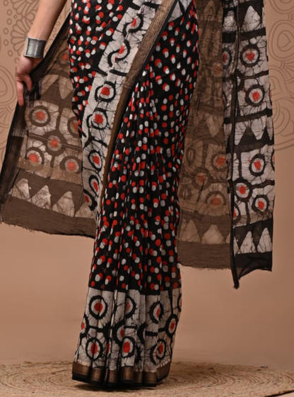 Black Maheshwari Silk Saree with Contemporary Polka & Circular Motifs