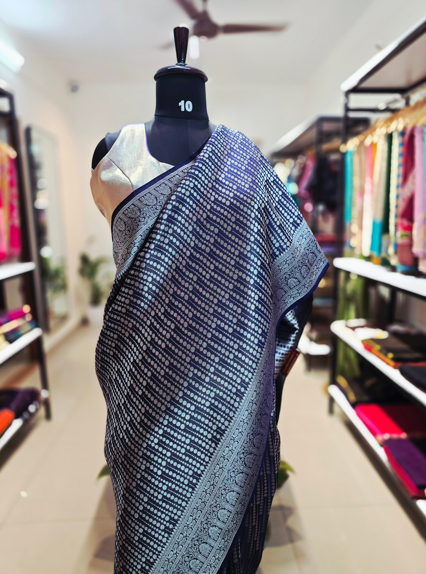 Navy Blue Georgette Tissue Saree with Silver Woven Design