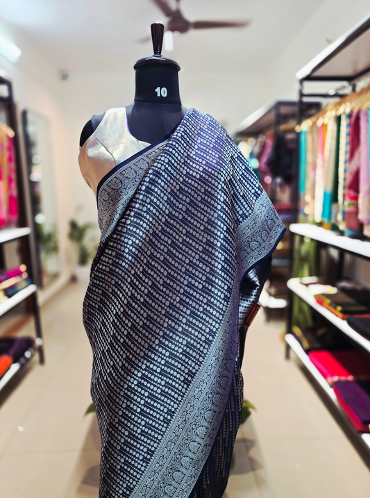 Navy Blue Georgette Tissue Saree with Silver Woven Design