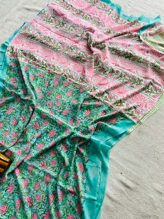 Pink & Aqua Ajrakh Hand Block Printed Georgette Saree