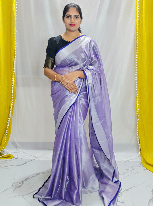 Soft Lavender Tissue Cotton Saree with Silver Border & Royal Blue Selvedge