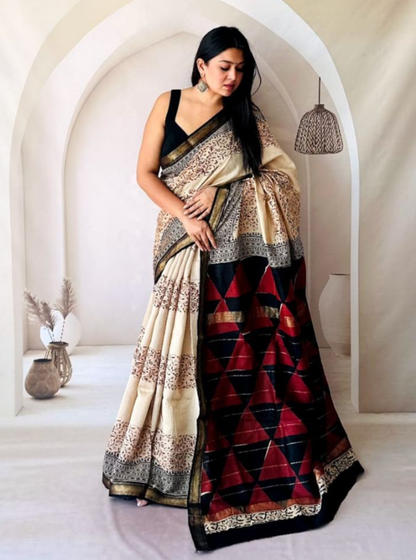 Ivory & Black Maheshwari Silk Saree with Geometric Pallu