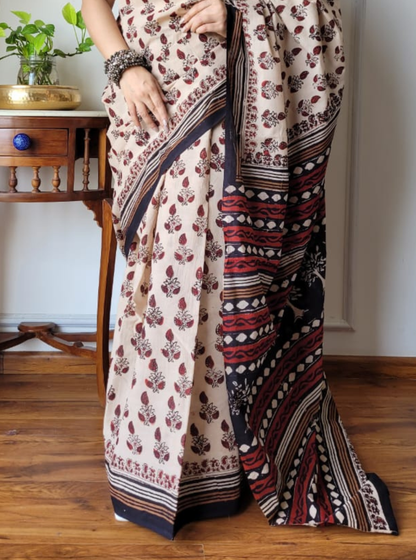 Elegant Beige Cotton Ajrakh Saree with Contrast Ethnic Pallu