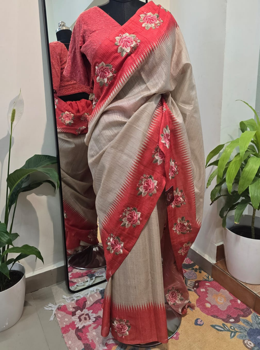 Beige Tussar Saree with Coral Red Border & Floral Embroidery