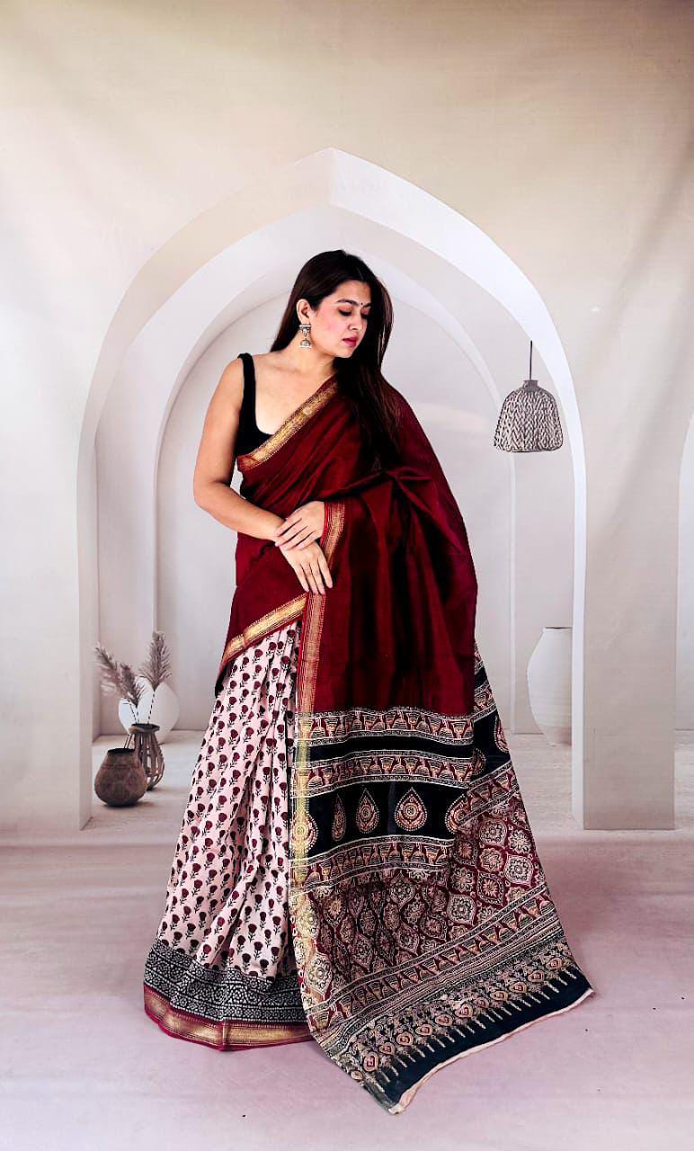 Maroon Maheshwari Silk Ajrakh Saree – Printed Pallu & Gold Border