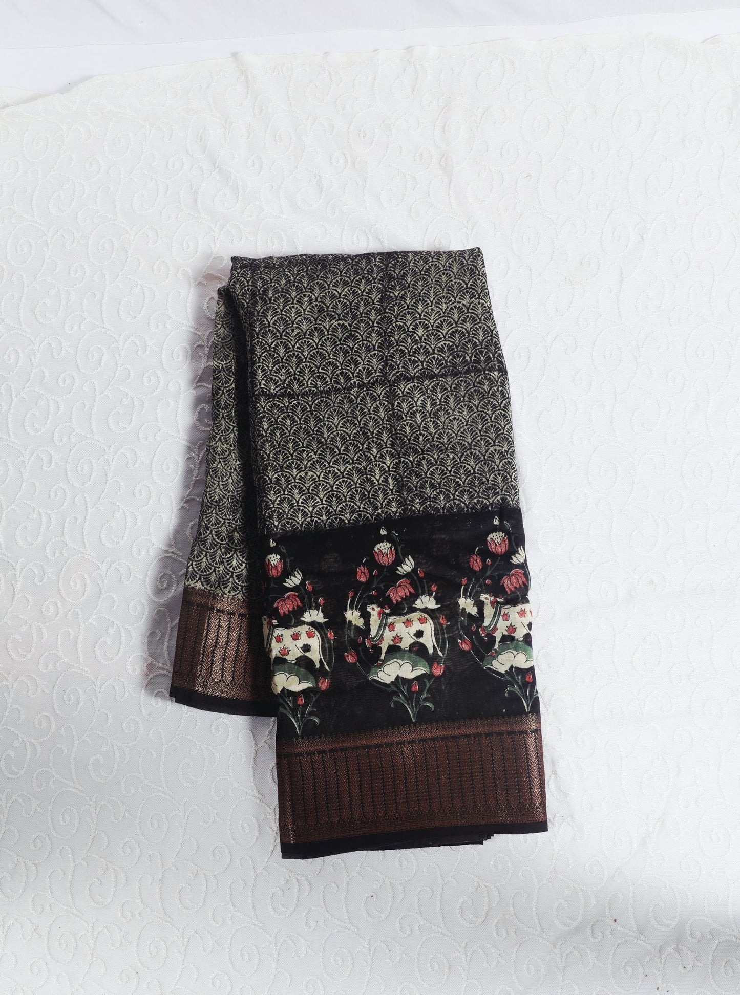 Black Chanderi Silk Saree with Floral Motif Panels & Antique Zari Border