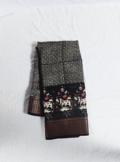 Black Chanderi Silk Saree with Floral Motif Panels & Antique Zari Border