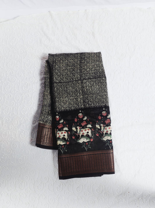 Black Chanderi Silk Saree with Floral Motif Panels & Antique Zari Border