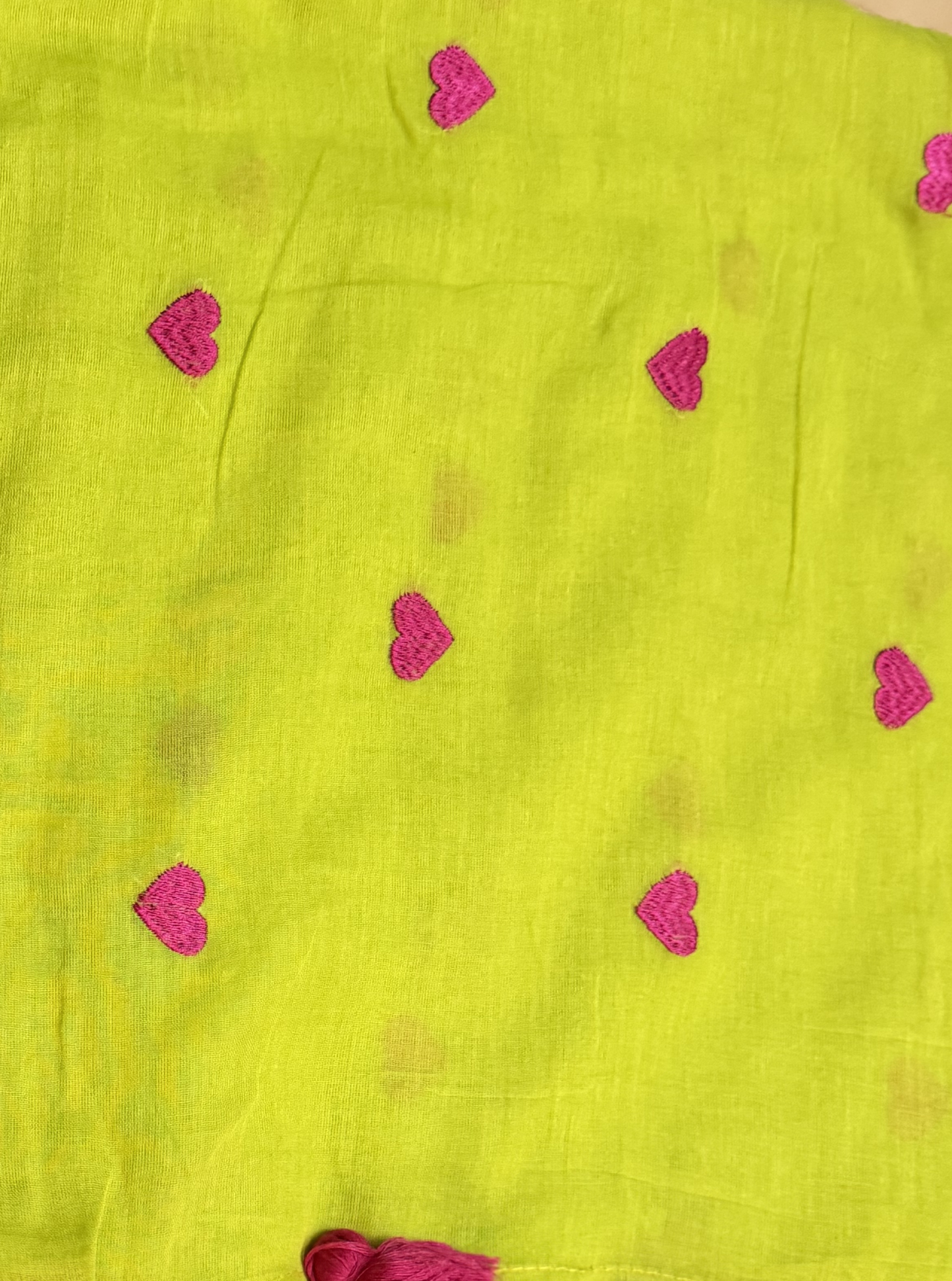 Lime Green Mul Cotton Saree with Pink Heart Motifs & Tassels
