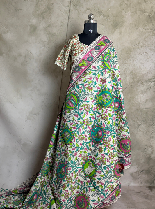 Ivory Cotton Saree with Multicolor Kalamkari Motifs & Pink Border