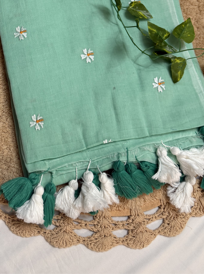 Mint Green Mul Cotton Saree with Floral Butti & Dual-Tone Tassels