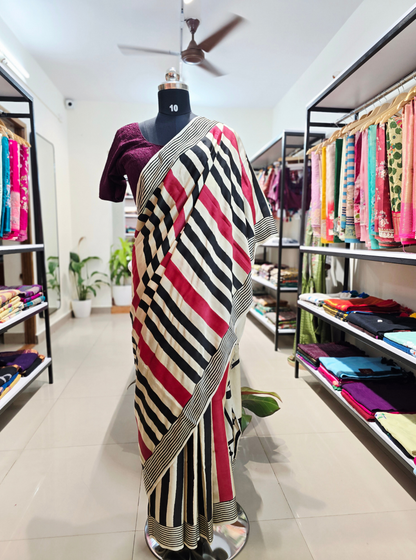 Chic Striped Modal Silk Saree in Black, White & Red