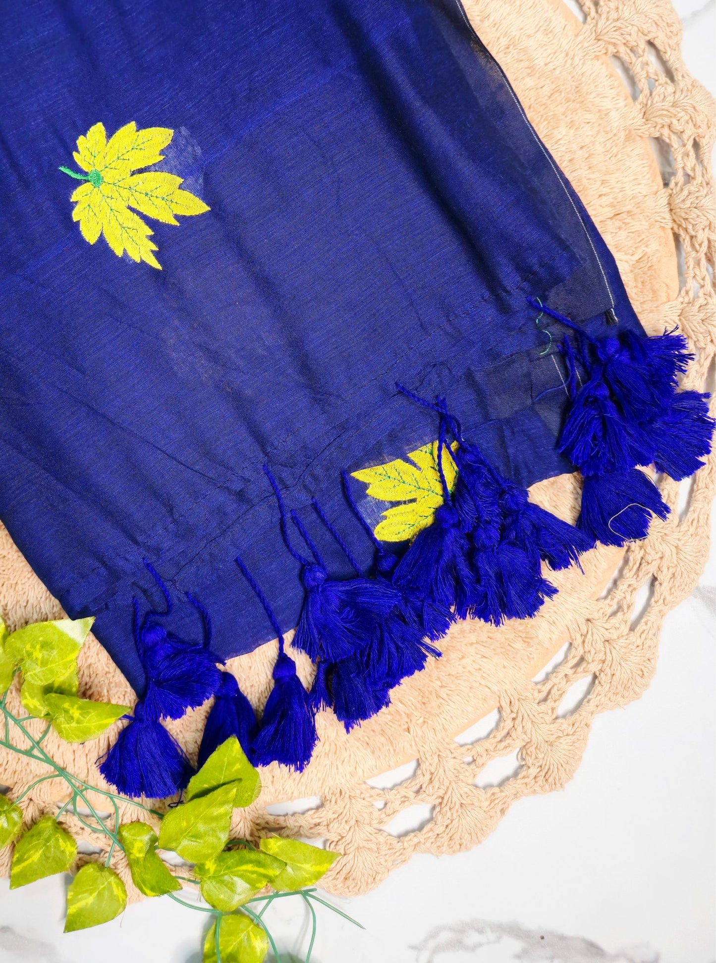 Navy Blue Mul Cotton Saree with Handcrafted Yellow Motifs & Tassel Pallu