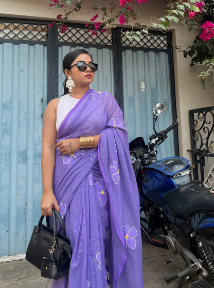 Lavender Mul Cotton Saree with Minimal Floral Handwork