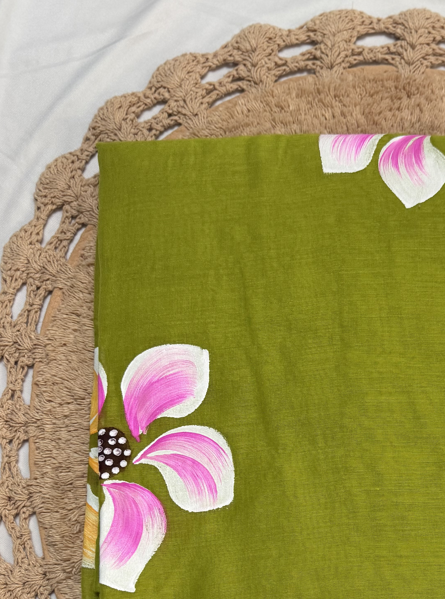 Elegant Olive Green Hand-Painted Mul Cotton Saree with Pink Floral Design & Tassels